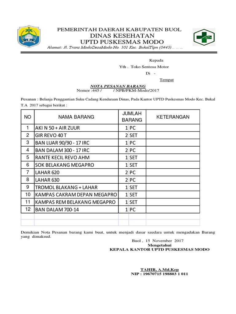Nota Pesanan Suku Cadang Kendaraan Dinas Pdf