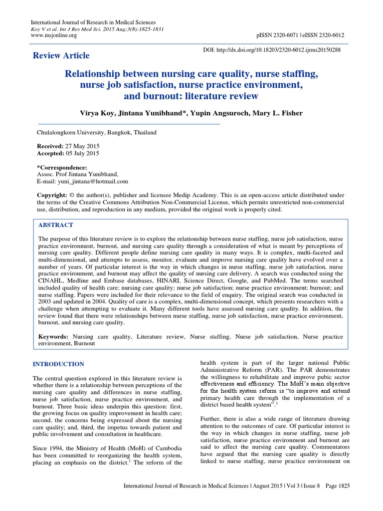 Relationship Between Nursing Care Quality, Nurse Staffing, Nurse Job ...