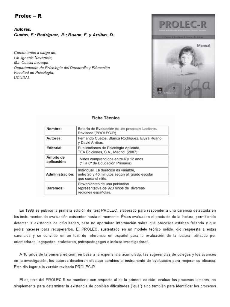 Evaluación de Procesos Lectores: PROLEC-R | PDF | Lectura (proceso ...