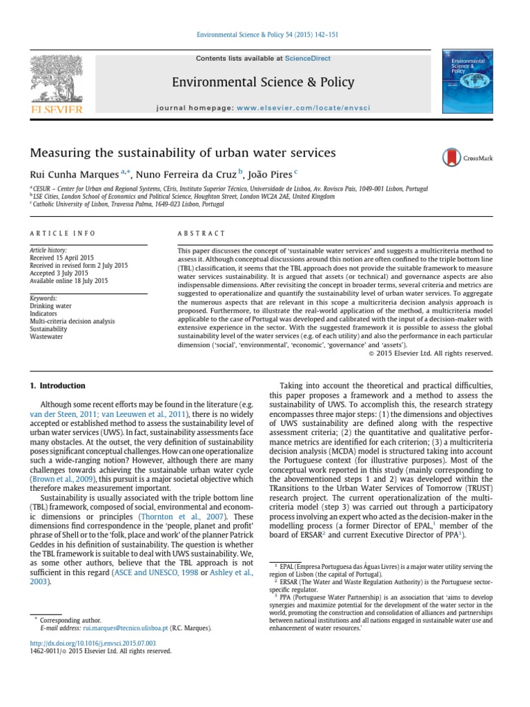 Measuring The Sustainability of Urban Water Services | PDF ...
