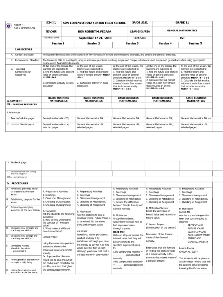 Grade 11 General Mathematics Lesson Plan | PDF | Present Value | Interest