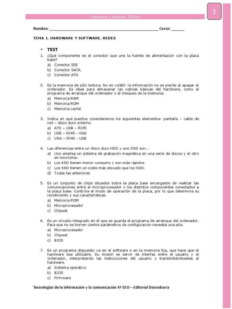 Examen de Hardware y Software 4º ESO | PDF | Hardware de la computadora ...