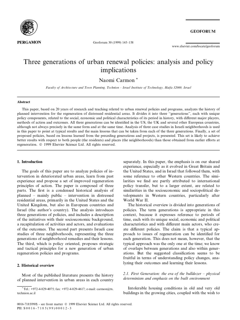 Three Generations of Urban Renewal Policies Analysis and Policy (CARMON ...