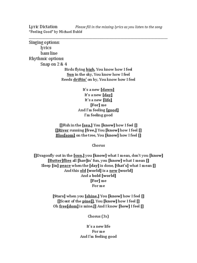 Feeling Good Lyric Dictation Gen Methods Answer Key Intasc 8