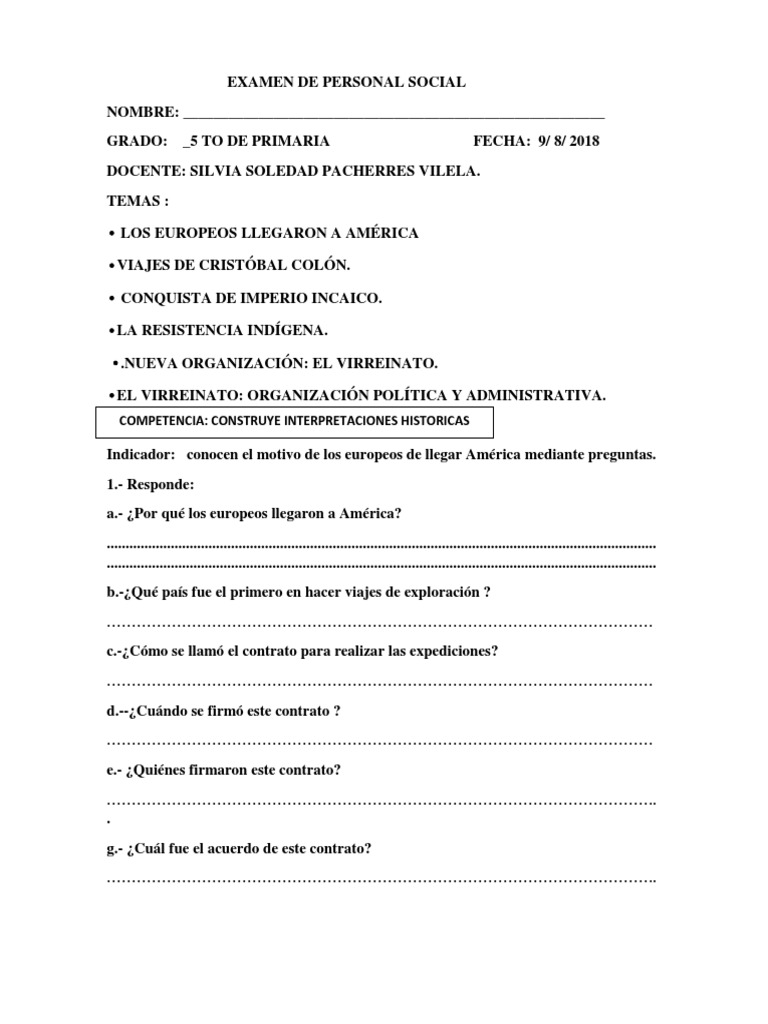 Examen de Personal Social de Quinto Agosto 2018 | PDF | Colonización de ...
