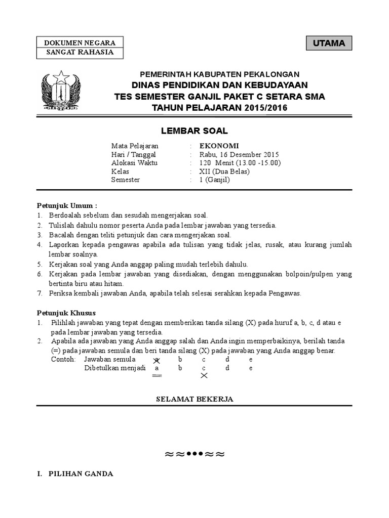 Soal Ekonomi Kelas Xii Semester Gasal Doc