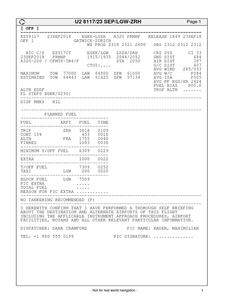 OFP Flight Plan: U2 8117 LGW-ZRH | PDF | Gliding | Airport