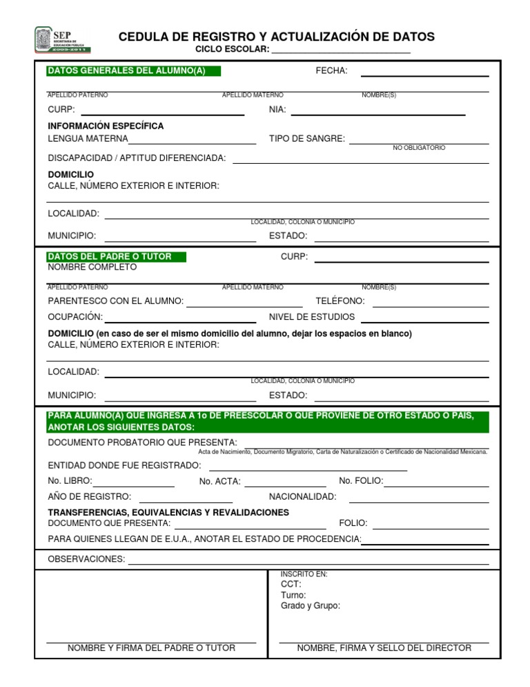 Cedula De Registro Y Actualización De Datos Datos