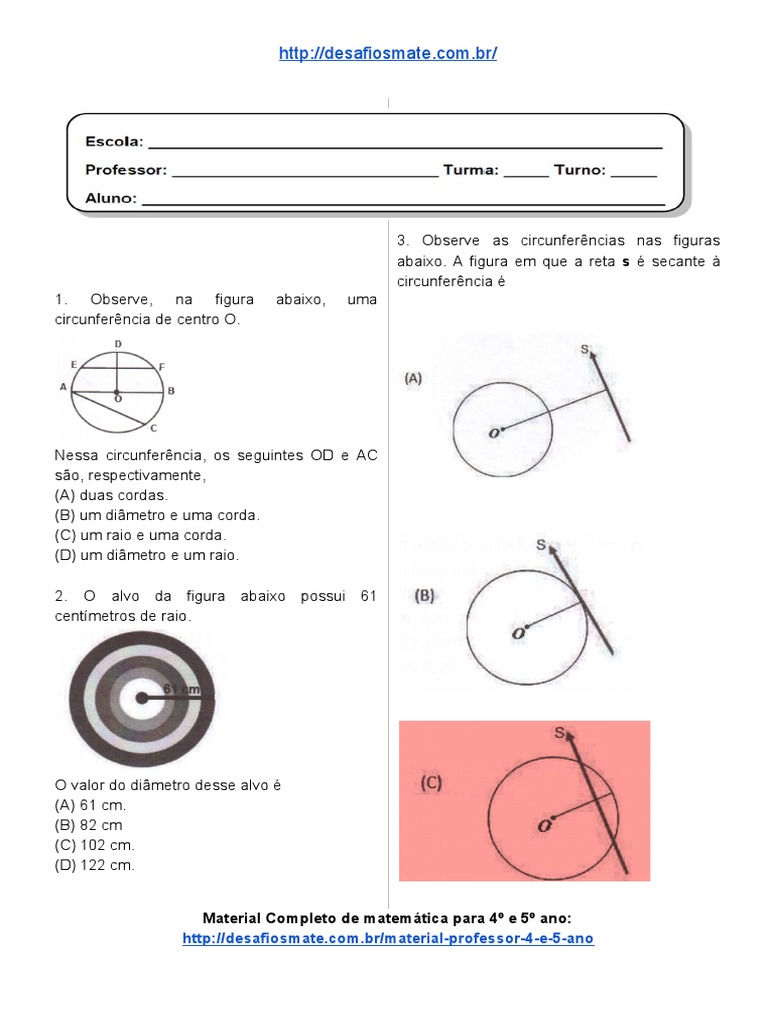 Exercícios de Circunferência 9º Ano | PDF | Círculo | Espaço