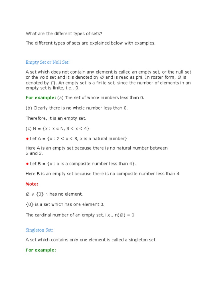 Types Of Sets Docx Empty Set Element Mathematics