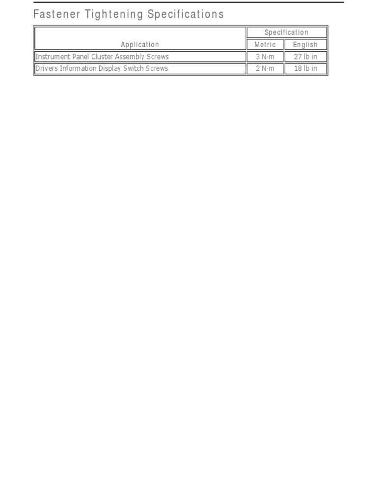 Fastener Tightening Specs for Clusters | PDF | Screw | Car