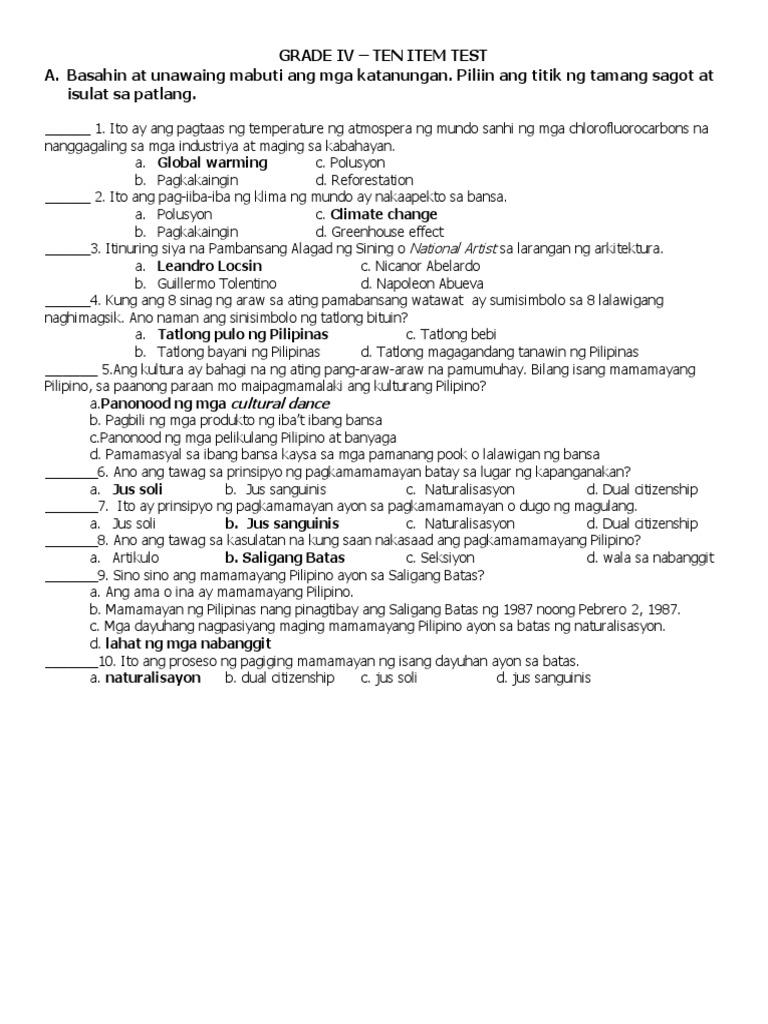 Araling Panlipunan Grades 46 sample 10 Items