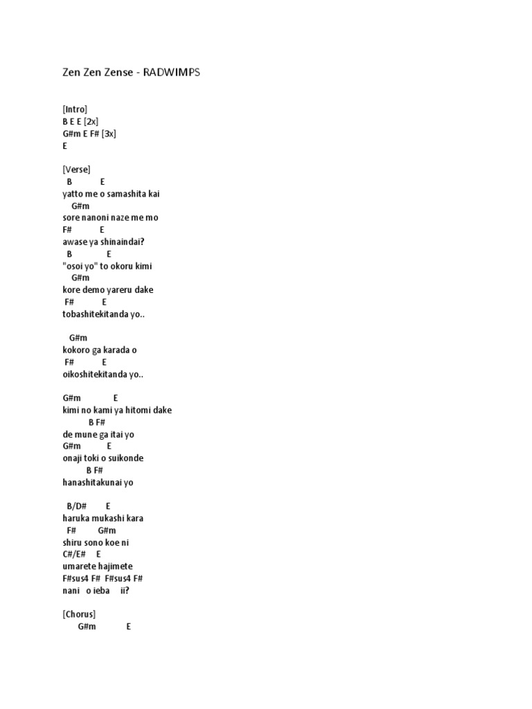 Zen Zen Zense Chords Pdf