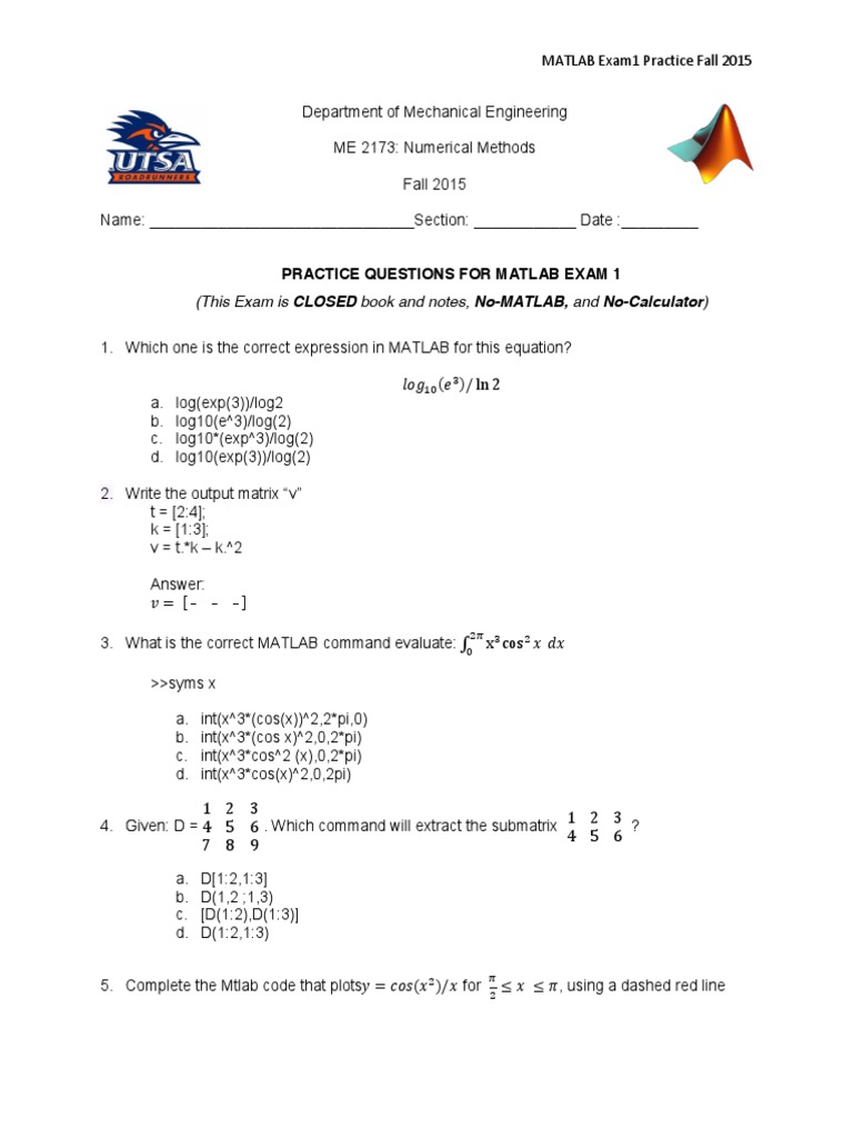 MATLAB Exam 1 Practice Questions | PDF | Matlab | Function (Mathematics)