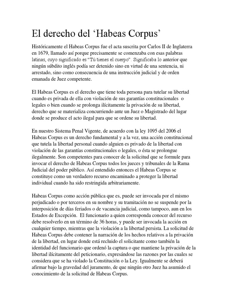 Derecho de Habeas Corpus Explicado | PDF | Habeas corpus | Ley ...