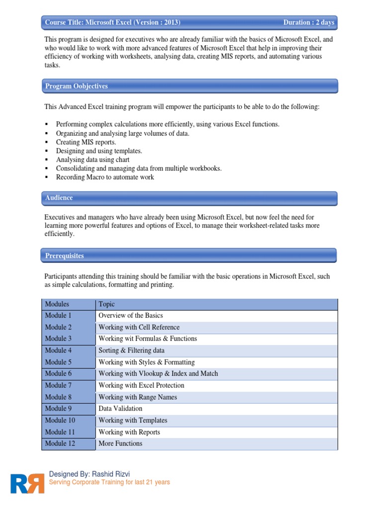 Advanced Excel 2013 Training for Executives | PDF | Microsoft Excel ...