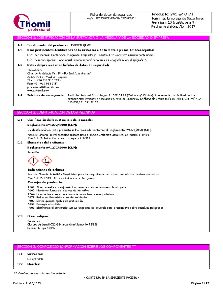 Ficha de Seguridad BACTER QUA | PDF | Toxicidad | Dióxido de carbono