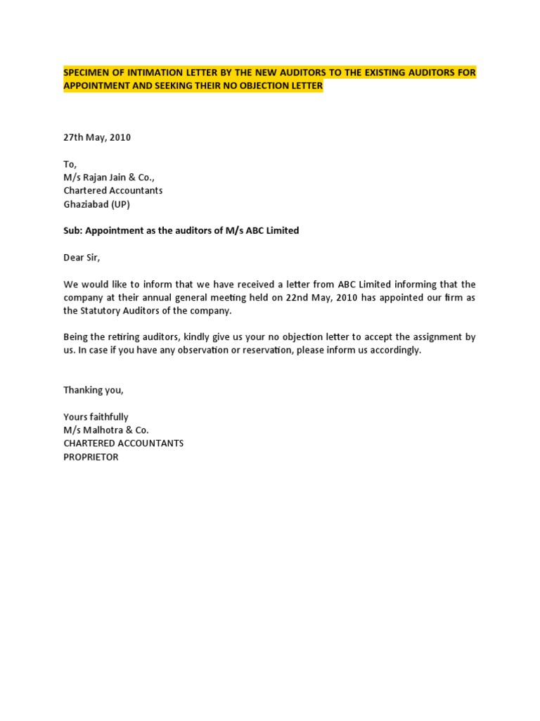 Auditor Appointment Intimation Letter | PDF