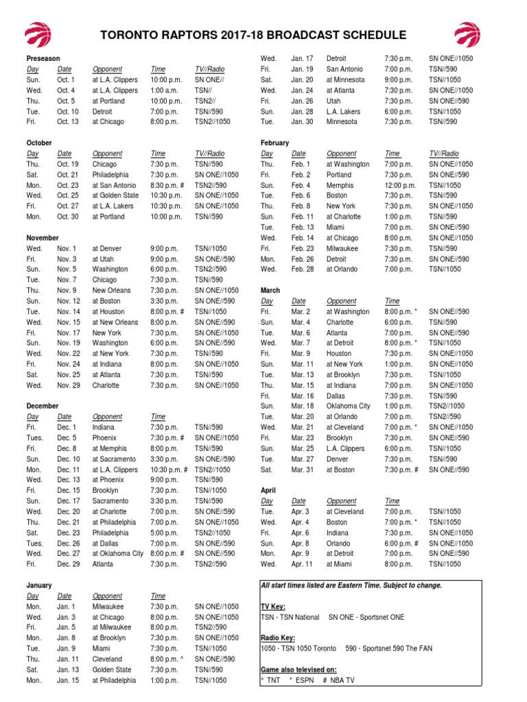 Raptors 2017-18 Broadcast Schedule | PDF | National Basketball ...