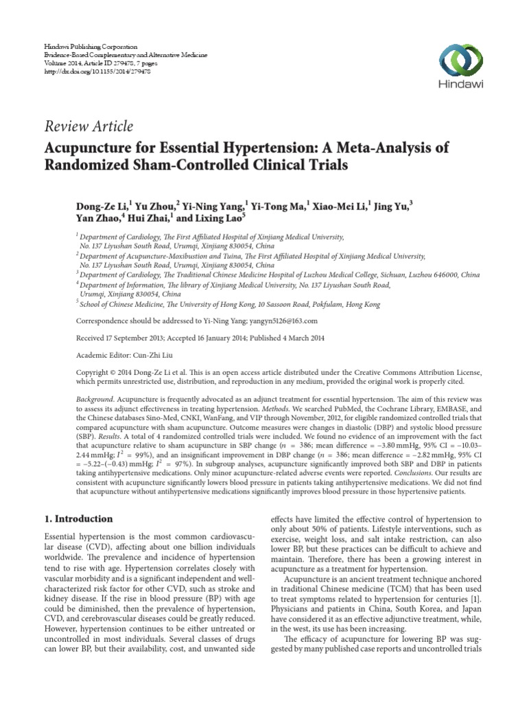 Acupuncture For Essential Hypertension A MetaAnalysis of Randomized