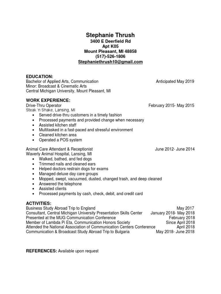 Stephanie Thrush 3400 E Deerfield RD Apt K05 Mount Pleasant, MI 48858