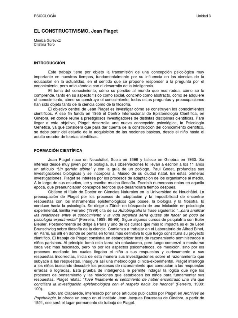 Constructivismo según Jean Piaget | PDF | Aquisición de idioma | Sicología