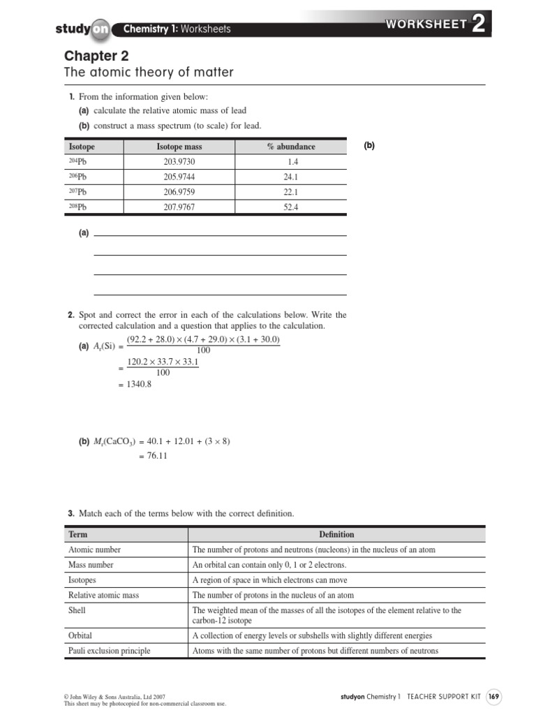 The Atomic Theory of Matter: Chemistry 1: Worksheets | PDF | Science ...