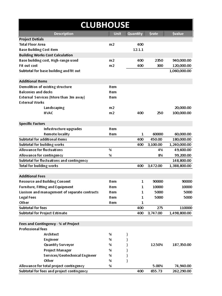Clubhouse Description Unit Quantity rate value PDF Business