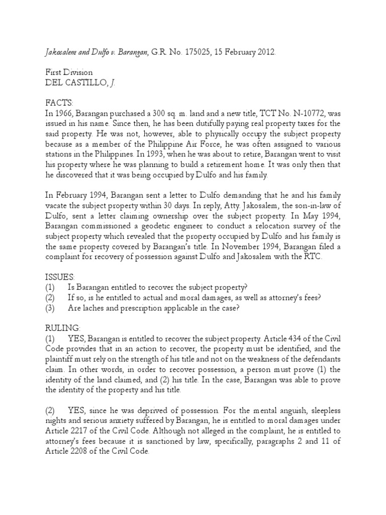 Jakosalem and Dulfo v. Barangan PDF Adverse Possession Statute Of