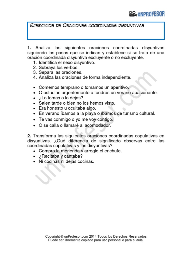 Ejercicio Oraciones Coordinadas Disyuntivas | PDF | Artes del Lenguaje ...