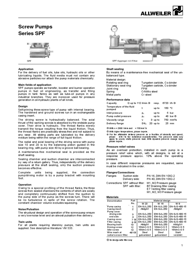 Screw Pumps Series SPF: Application Shaft Sealing | PDF | Bearing ...