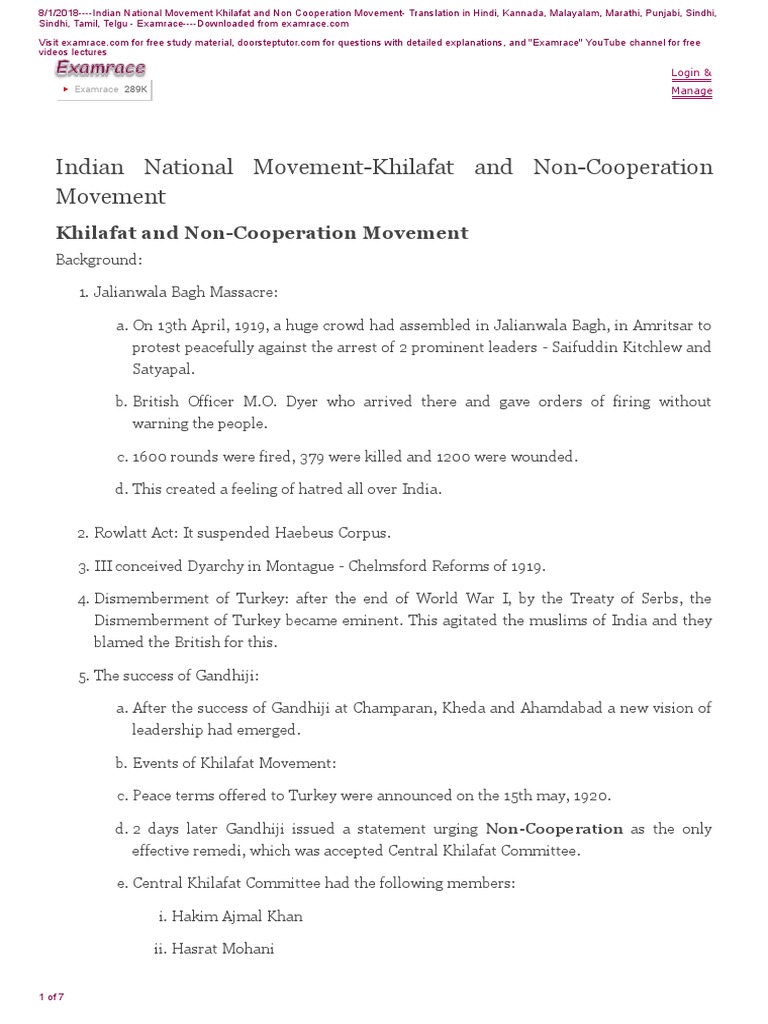 Khilafat and Non-Cooperation Movement | PDF | Mahatma Gandhi ...