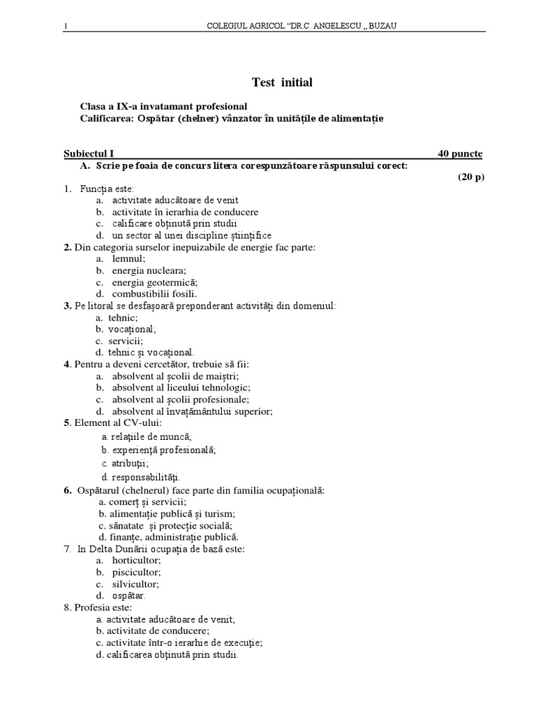 Test Initial Clasa A Ixa Ospatar | PDF