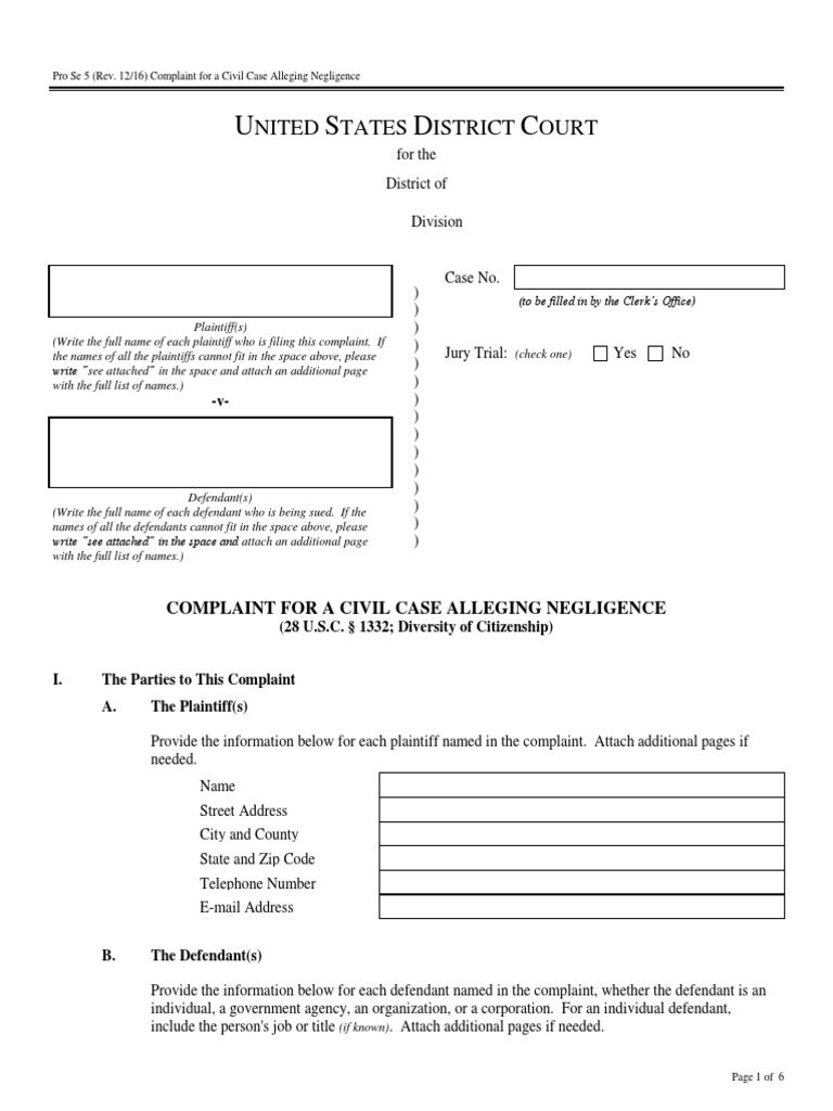 Civil Complaint for Negligence Example | PDF | Lawsuit | Complaint