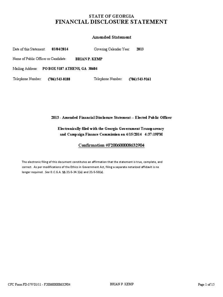 2013 - Financial Disclosure Statement (Amended - 4/15/2014