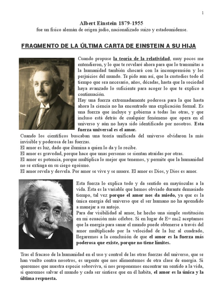 Albert Einstein Carta Aa Su Hija  PDF  Albert Einstein  Amor