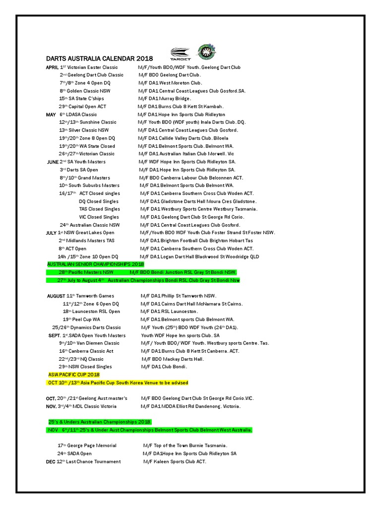 Darts Australia 2018 Calendar A Comprehensive Listing of Major Darts