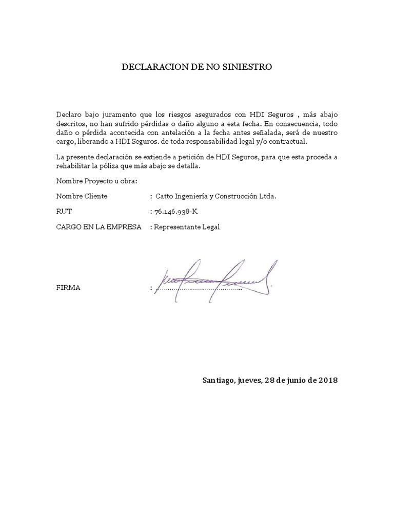 Declaración Jurada de No Siniestro HDI | PDF | Póliza de seguros | Seguro