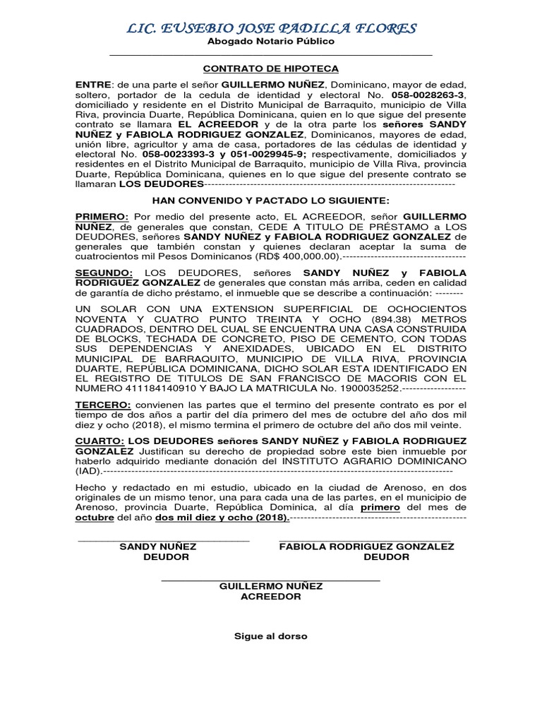 Contrato de Hipoteca 1 PDF República Dominicana Gobierno