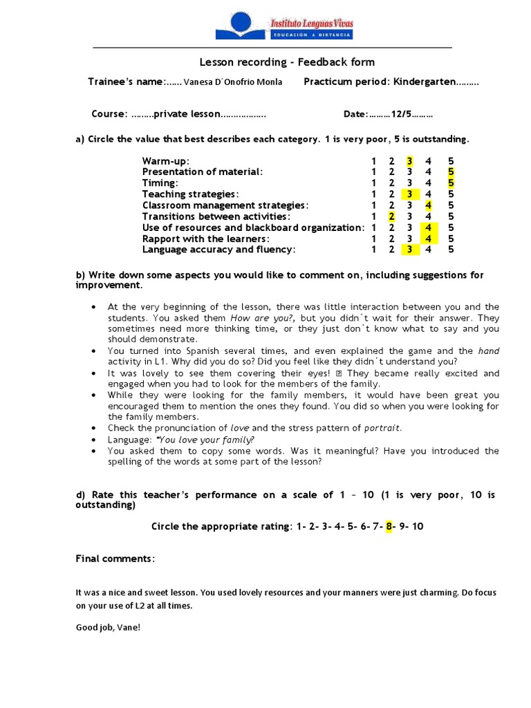 Kindergarten Lesson Feedback Form | PDF | Fluency | Human Communication