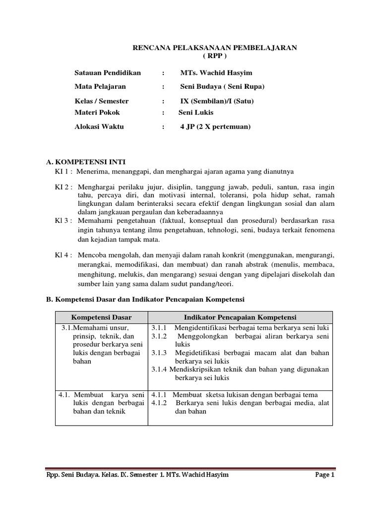 Rpp K 13 Kelas 9 Kd 3 1 Seni Lukis