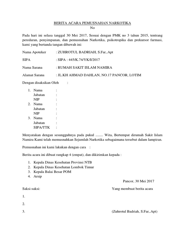Contoh Surat Berita Acara Pemusnahan Obat Princesitalunaana