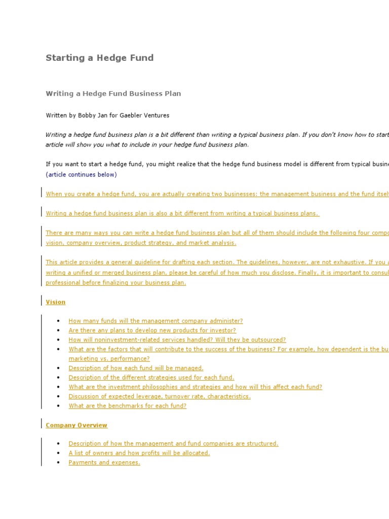 Starting A Hedge Fund PDF Hedge Fund Investing