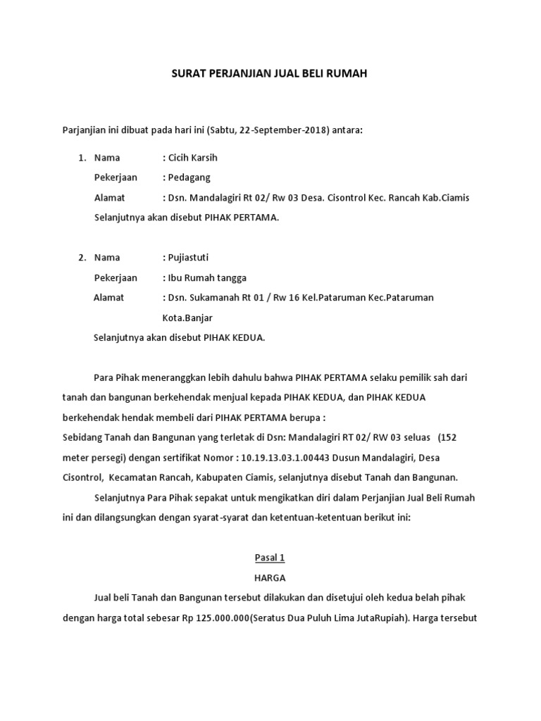 Surat Perjanjian Jualbeli Rumah | PDF