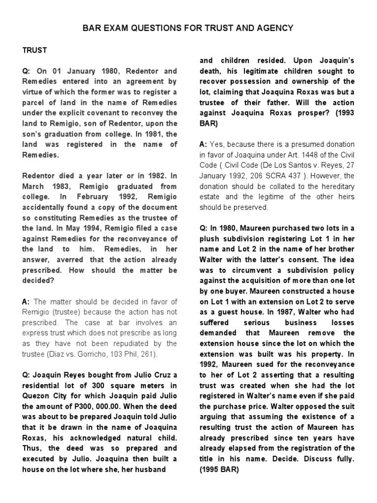 Bar Exam Questions on Trust and Agency | PDF | Trust Law | Foreclosure
