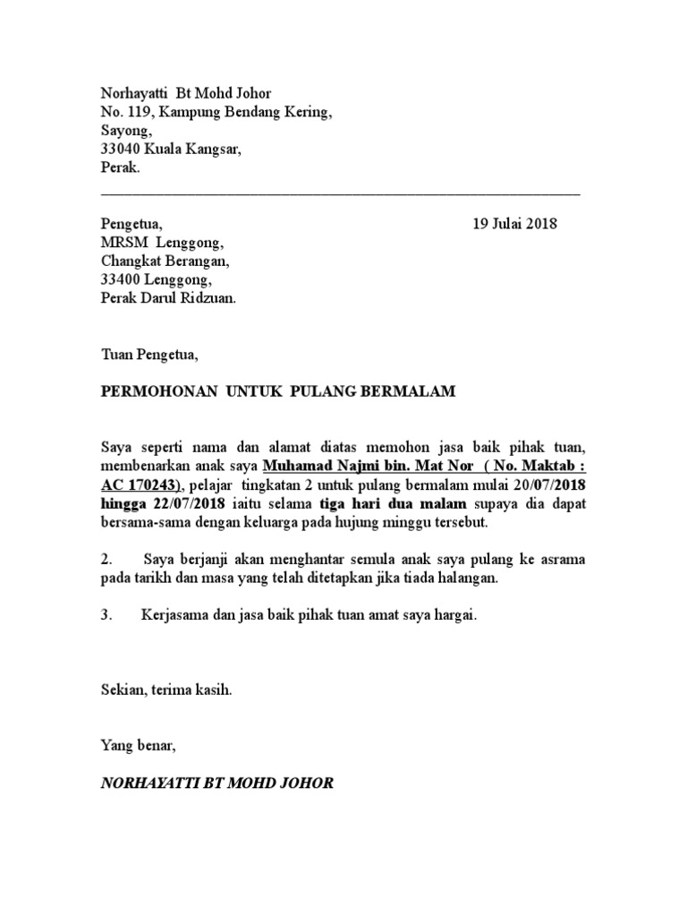 Surat Pulang Bermalam 20 Julai 2018 Pdf