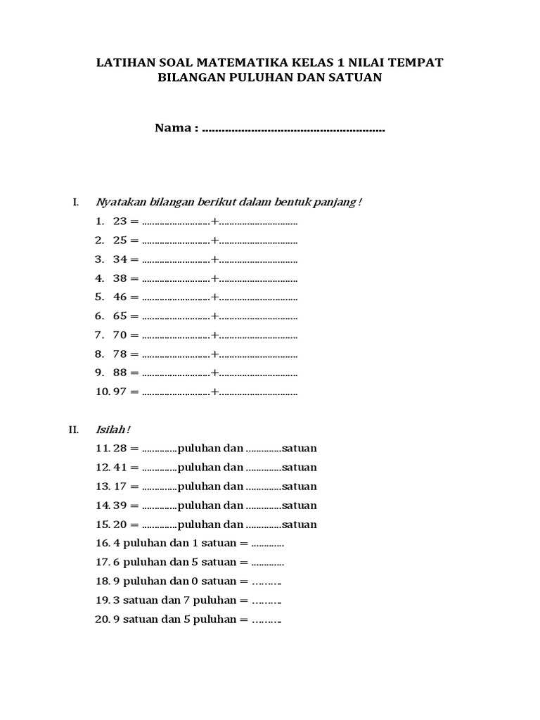 Latihan Soal Matematika Kelas 1 Nilai Tempat Bilangan Puluhan