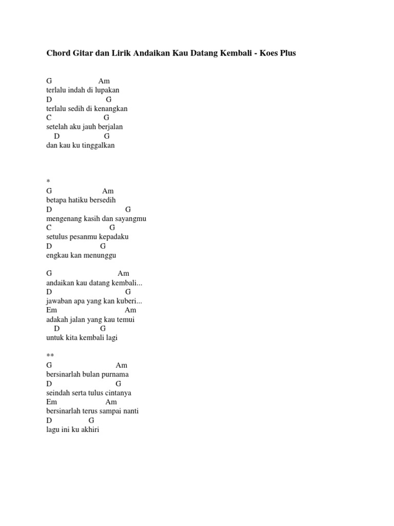 Chord Gitar Dan Lirik Andaikan Kau Datang Kembali Bersinarlah bulan purnama seindah serta tulus cintanya bersinarlah terus sampai nanti lagu ini.ku.akhiri na.na.na. scribd
