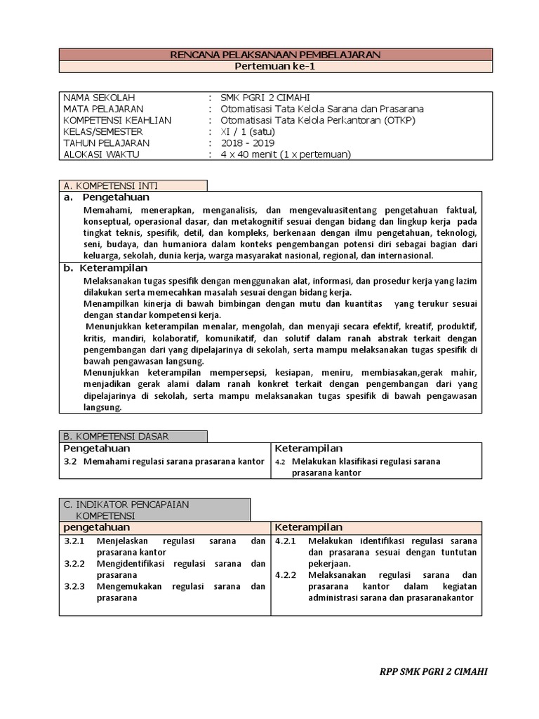 Rpp Pertemuan Ke 1 Regulasi Sarana Prasarana Kantor