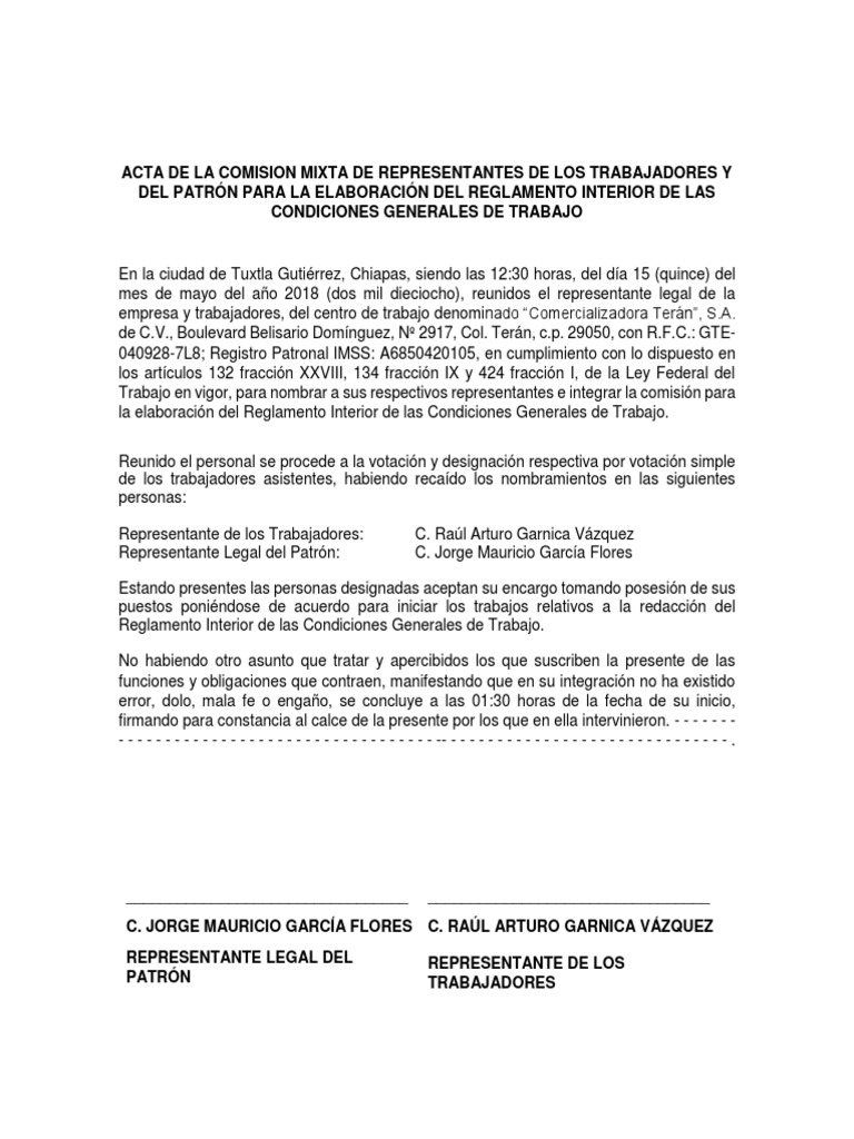 Acta Com. Mixta Reglamento Interior de Trabajo Teran 2018 | PDF